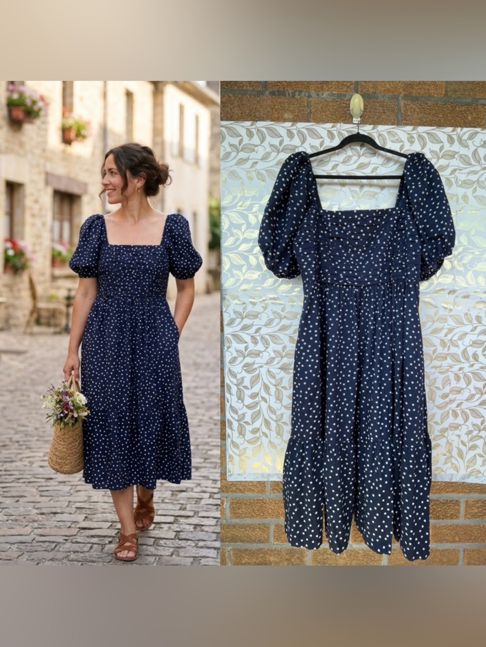 A&F Polka Dot Puff Sleeve Midi Dress XL Cottagecore Smocked Back Pockets Navy